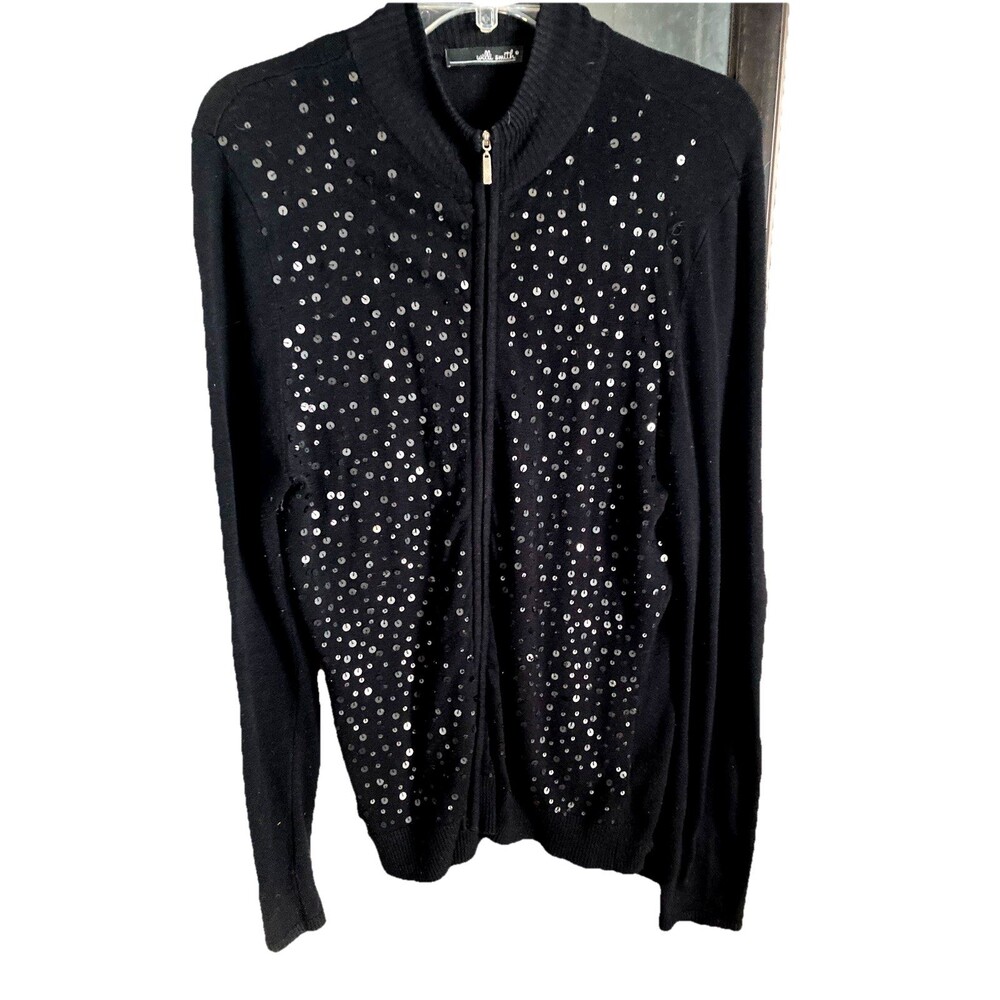 Willi Smith Size Medium Black Sequin Sweater Evening Zip Front Good Condition